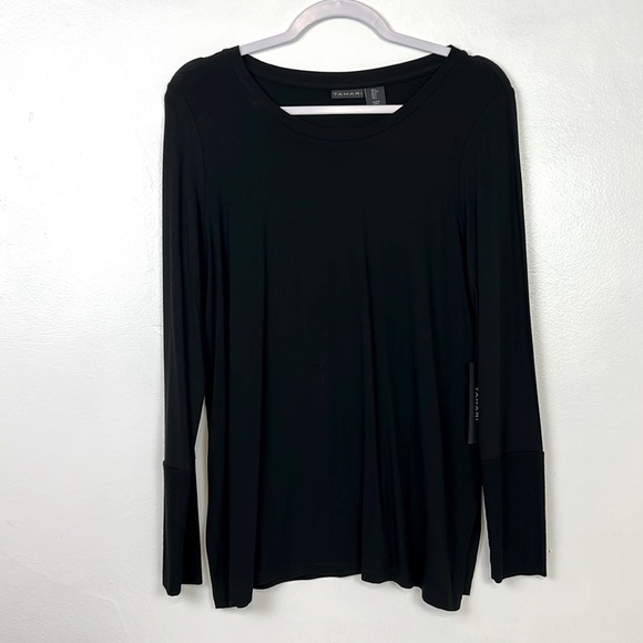 TAHARI New Women’s Large Stretchy Long Sleeve Side Silts Black Top - Picture 1 of 6